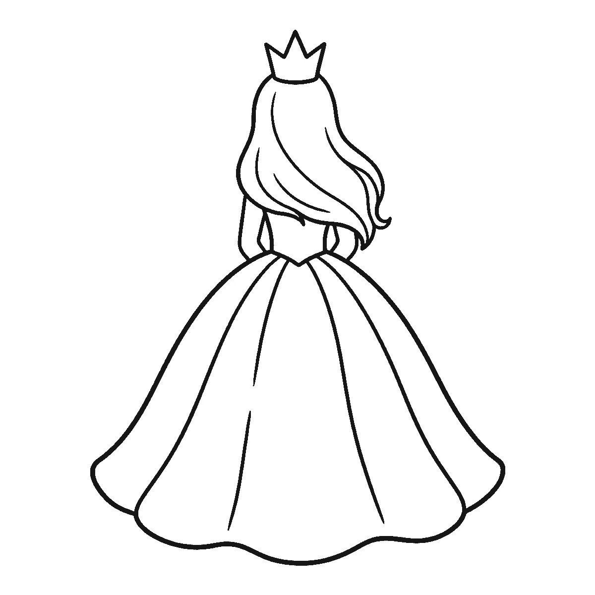Coloring page of a princess seen from behind in a wide ball gown with a small crown on her long wavy hair — no face is drawn, black outlines on white