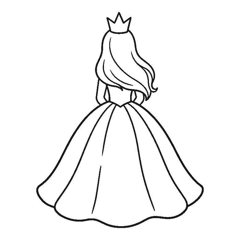 Coloring page of a princess seen from behind in a wide ball gown with a small crown on her long wavy hair — no face is drawn, black outlines on white
