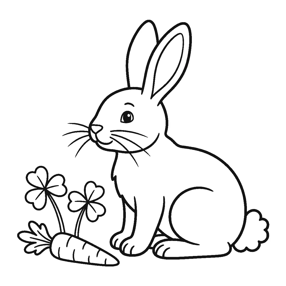 Coloring page of a rabbit sitting in profile with two tall ears, one eye, long whiskers and a round fluffy tail, beside a carrot and two clover flowers, black outlines on white