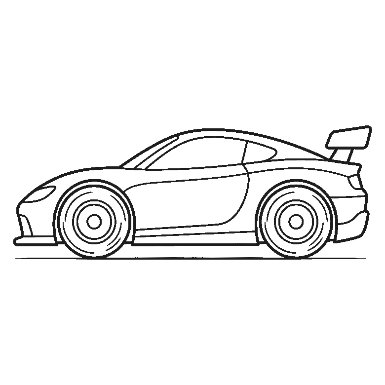 Coloring page of a race car seen from the side with a low nose, a rear spoiler and wide spoked wheels, its bodywork left completely plain, black outlines on white