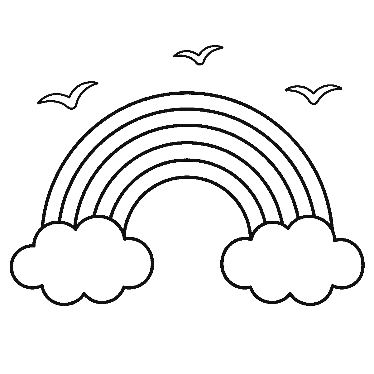 Coloring page of a rainbow arch of six separate bands resting on a rounded cloud at each end, with three simple birds in the sky above, black outlines on white
