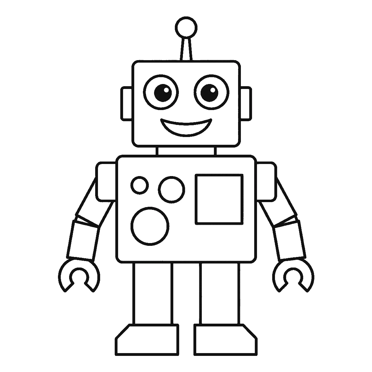 Coloring page of a boxy robot standing and facing forward, a rounded rectangular head with two big round eyes and a wide curved smile under a ball-tipped antenna, three plain circles and one empty square panel on its chest, pincer hands and block feet, black outlines on white