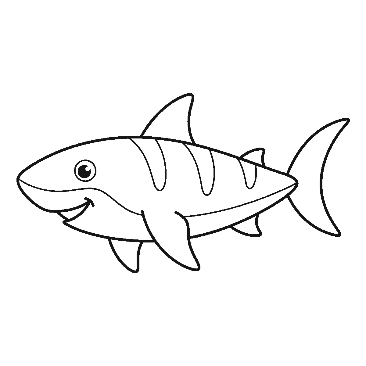 Coloring page of a shark swimming in profile with one round eye, a tall dorsal fin, gill lines and a crescent tail, black outlines on white