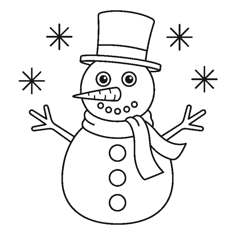 Coloring page of a snowman built from two stacked snowballs, with two round eyes, a long ridged carrot nose, a curved row of five small round shapes for the mouth, a tall top hat, a scarf with a long trailing end, three round buttons and two bare twig arms, among four six-spoked snowflakes, black outlines on white
