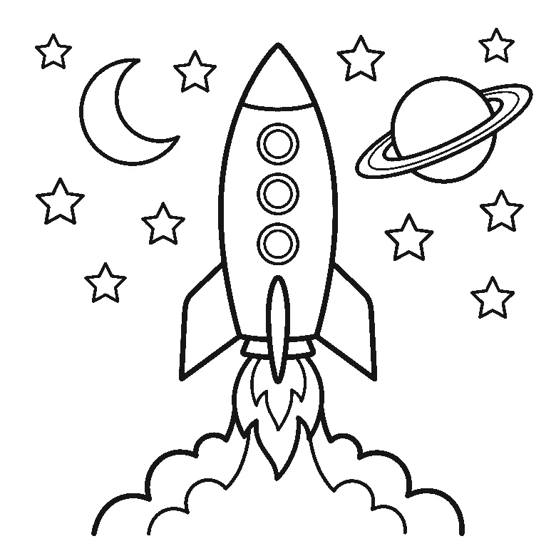 Coloring page of a rocket flying upward with three round portholes, two fins, an exhaust flame and a cloud below it, surrounded by stars, a crescent moon and a ringed planet, black outlines on white