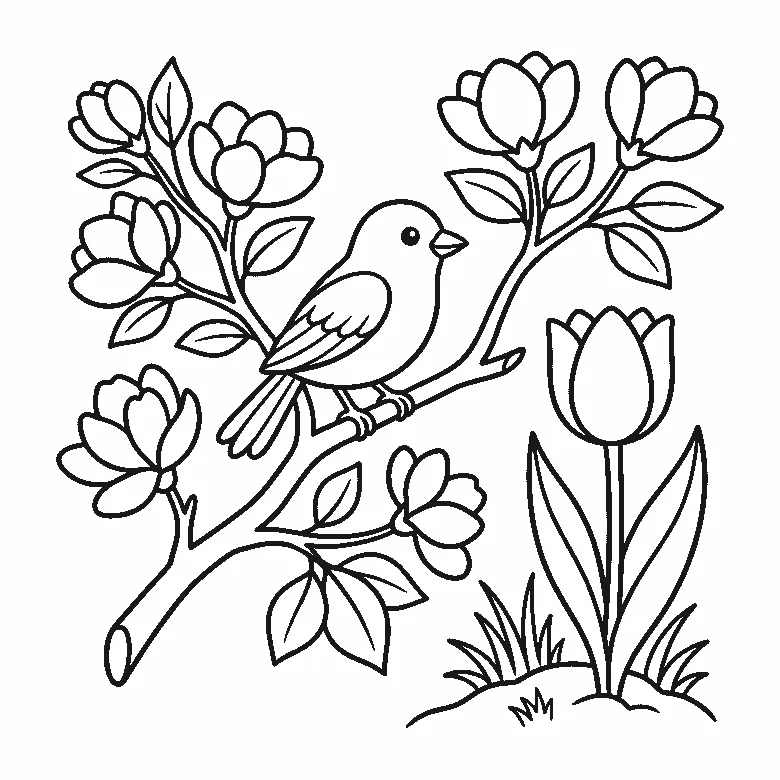Coloring page of a spring scene: a blossom branch carrying open flowers and buds with a small bird perched on it in profile, and a tulip growing from a tuft of grass beside it, black outlines on white