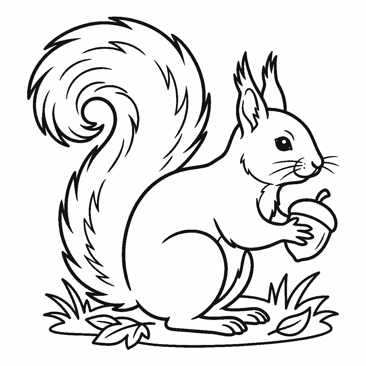 Coloring page of a squirrel sitting in profile with one round eye and tufted pointed ears, holding an acorn in both front paws, its very large tail curling up over its back, with grass tufts and two fallen leaves under it, black outlines on white