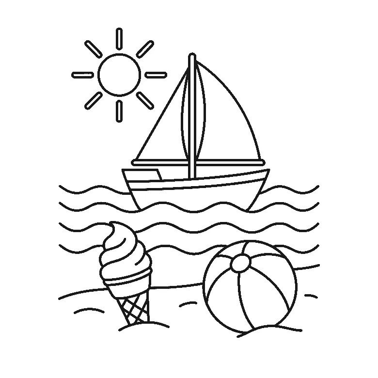 Coloring page of a summer scene: a sun with separate straight rays, a sailboat with two sails on wave lines, an ice cream cone and a paneled beach ball on the sand, black outlines on white