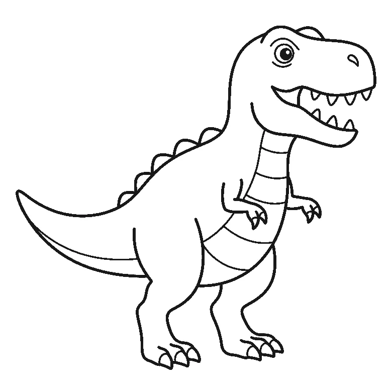 Coloring page of a tyrannosaurus rex standing on two legs in profile, one round eye, an open mouth with pointed teeth, two small front claws and a long tail, black outlines on white