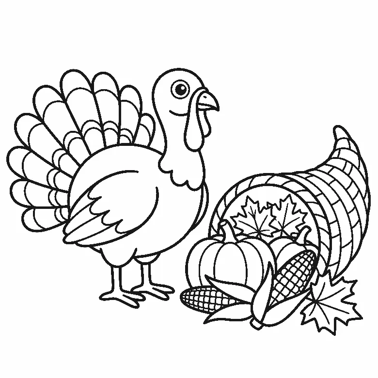 Coloring page of a turkey standing in profile with one round eye and a wattle, its tail fanned into large separate feathers, beside a woven cornucopia spilling two pumpkins, two ears of corn and three maple leaves, black outlines on white