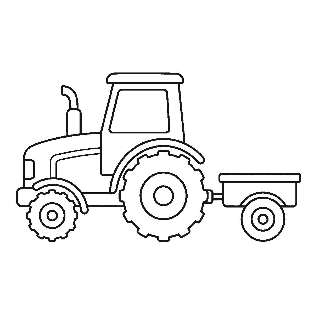 Coloring page of a tractor seen from the side with one very large lugged rear wheel, a small front wheel, a cab with an empty window and an exhaust pipe, pulling a two-wheeled trailer, black outlines on white