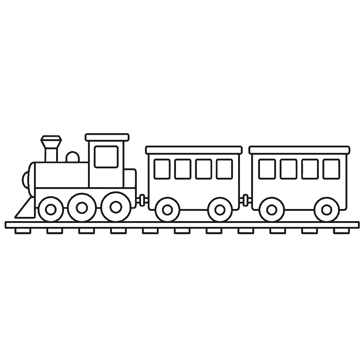 Coloring page of a train on a straight track: a locomotive with a smokestack, a dome and a cab, pulling two carriages with four square windows each, over a long row of crossties, black outlines on white