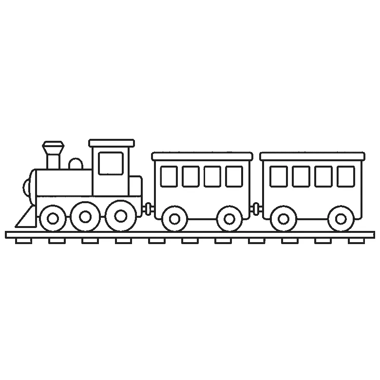 Coloring page of a train on a straight track: a locomotive with a smokestack, a dome and a cab, pulling two carriages with four square windows each, over a long row of crossties, black outlines on white