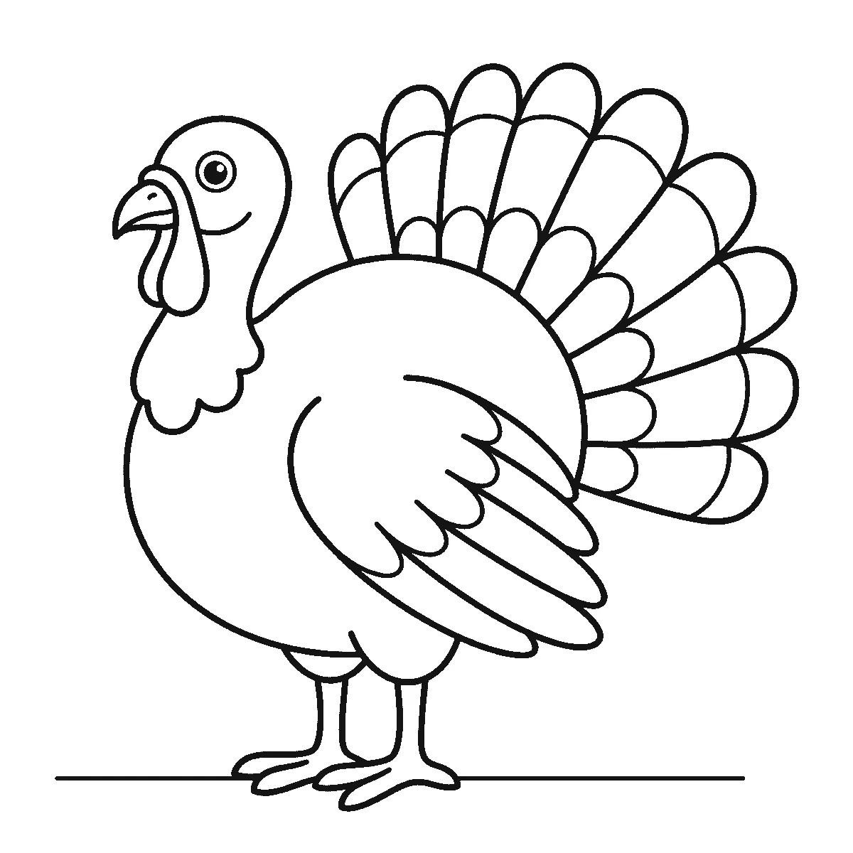 Coloring page of a turkey standing in profile with one round eye, a hooked beak with a long wattle hanging beside it, a folded wing of broad overlapping feathers and a wide fanned tail in two rows, on a plain ground line, black outlines on white