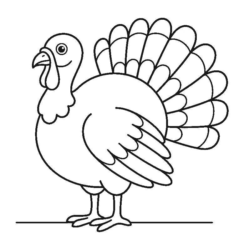 Coloring page of a turkey standing in profile with one round eye, a hooked beak with a long wattle hanging beside it, a folded wing of broad overlapping feathers and a wide fanned tail in two rows, on a plain ground line, black outlines on white