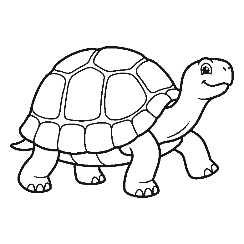 Coloring page of a tortoise walking in profile with its head raised, one round eye and a large domed shell divided into plates, black outlines on white