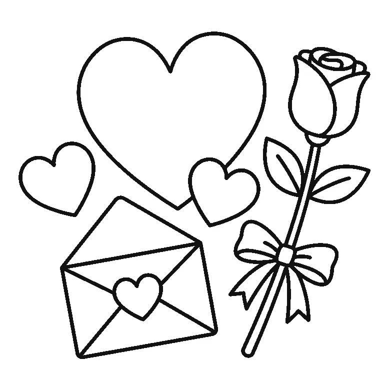 Coloring page of a valentine group: one large plain heart with two smaller hearts, an open envelope sealed with a heart, and a long-stemmed rose tied with a ribbon bow - no lettering anywhere, black outlines on white