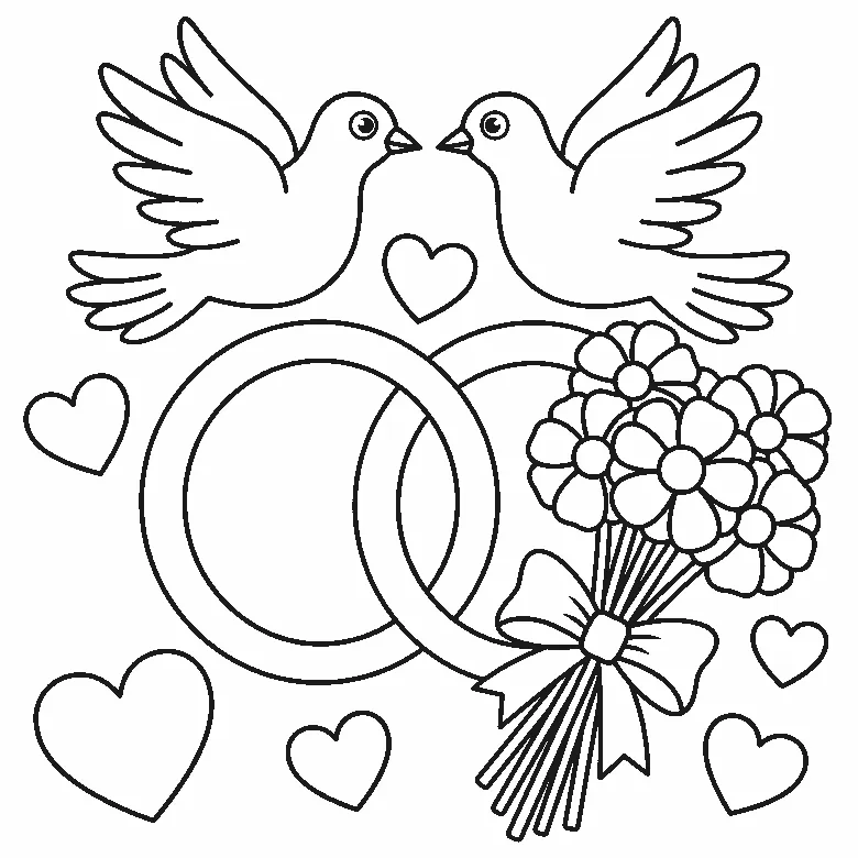 Coloring page of a wedding group: two large interlocking rings, two doves facing each other above them each with one round eye and a spread wing, a bouquet tied with a ribbon bow, and six hearts of different sizes scattered around, black outlines on white