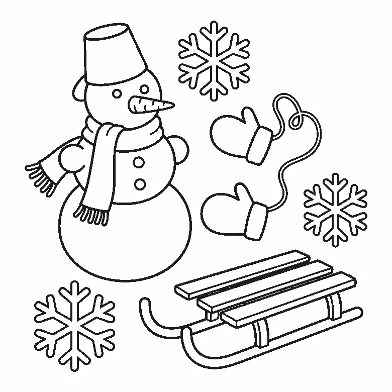 Coloring page of a winter group: a snowman in a bucket hat and a fringed scarf with a carrot nose, two mittens on a cord, three snowflakes and a wooden sled, black outlines on white