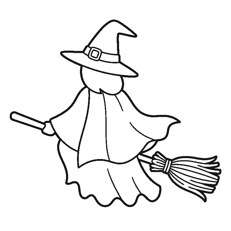 Coloring page of a witch seen from behind on a flying broomstick, in a long cloak with a scalloped hem and a tall pointed hat with a buckled band, no face drawn at all, the broom bristles a bundle of separate strands, black outlines on white